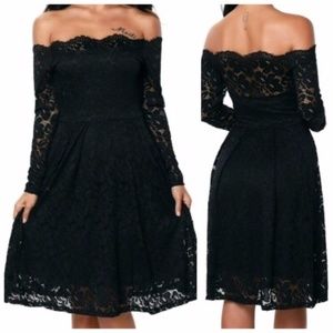 Black Lace off shoulder skater cocktail party dress
